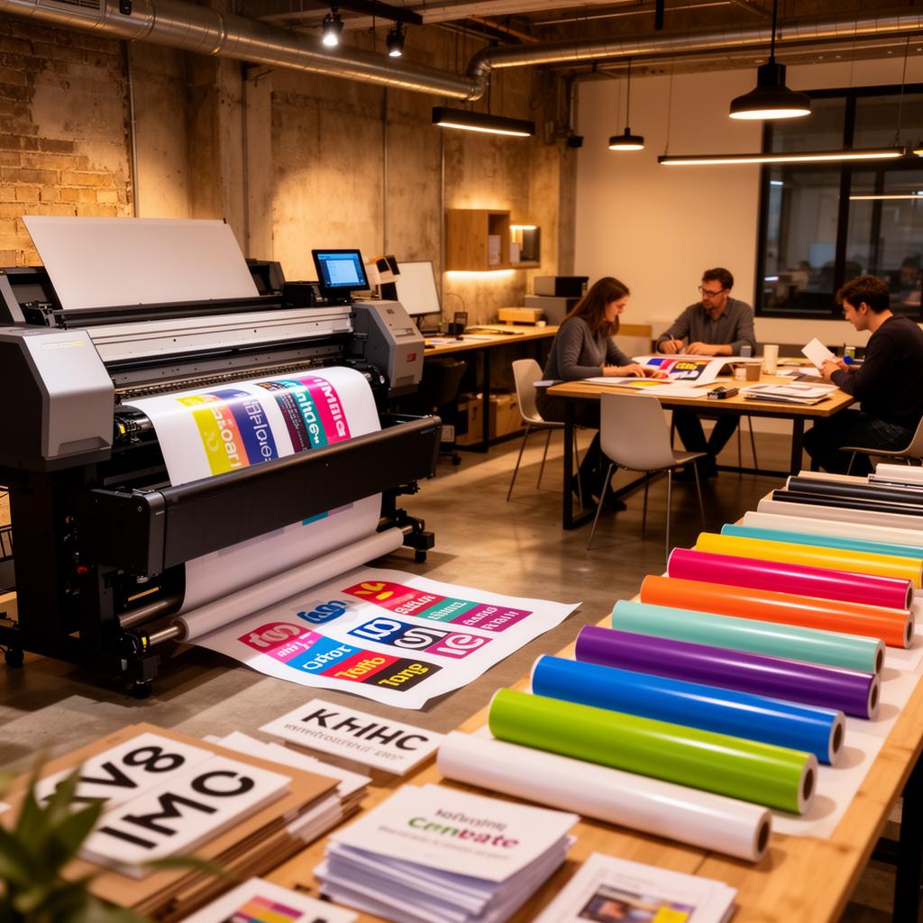 Ambiente de trabalho de comunicação visual com impressora e materiais coloridos